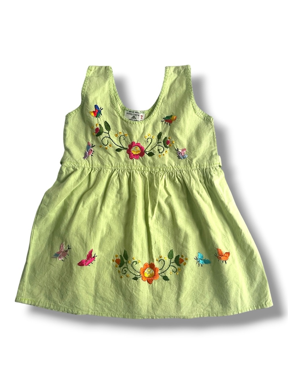 EL SUEÑO ZAPOTECO Dress Skirt Cotton 2T Handmade In Mexico Folk Art Green Floral